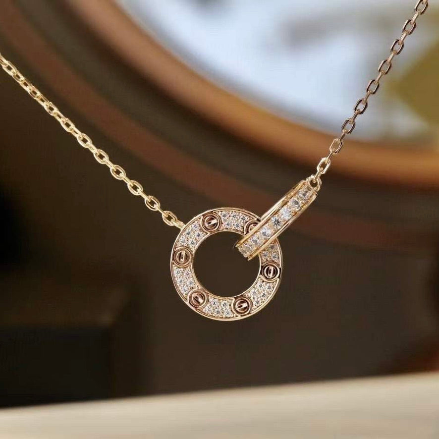 [Solara Jewelry ]LOVE 7.6MM NECKLACE ROSE GOLD AND SILVER  FULL DIAMOND
