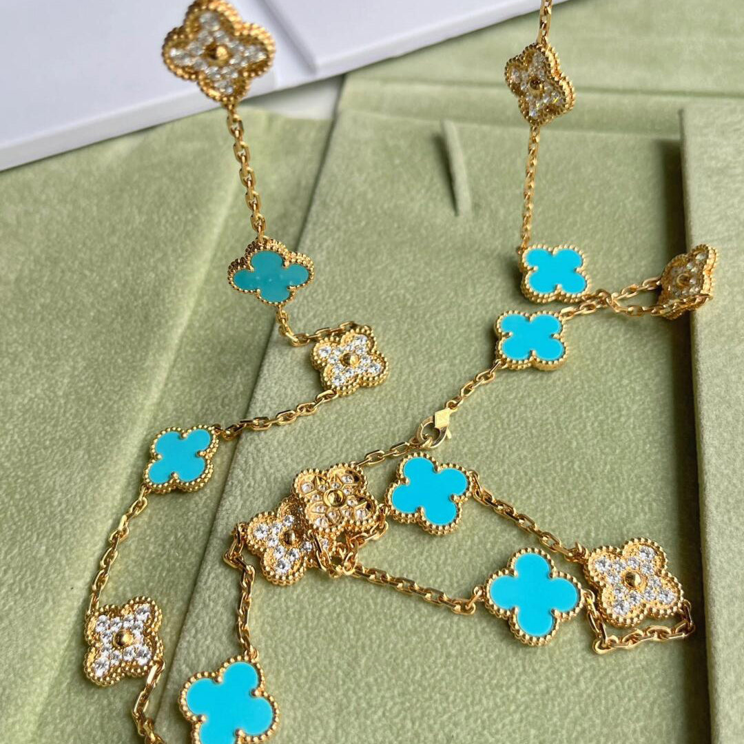 [Solara Jewelry ]CLOVER 20 MOTIFS TURQUOISE DIAMOND NECKLACE