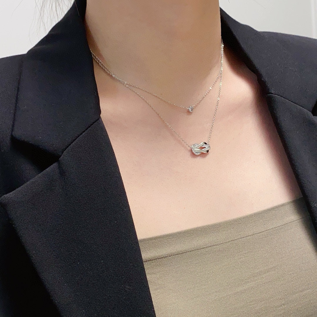 [Solara Jewelry ]FORCE Double-Layer Infinity & Mini Horsebit Layering Necklace, Semi-Pavé
