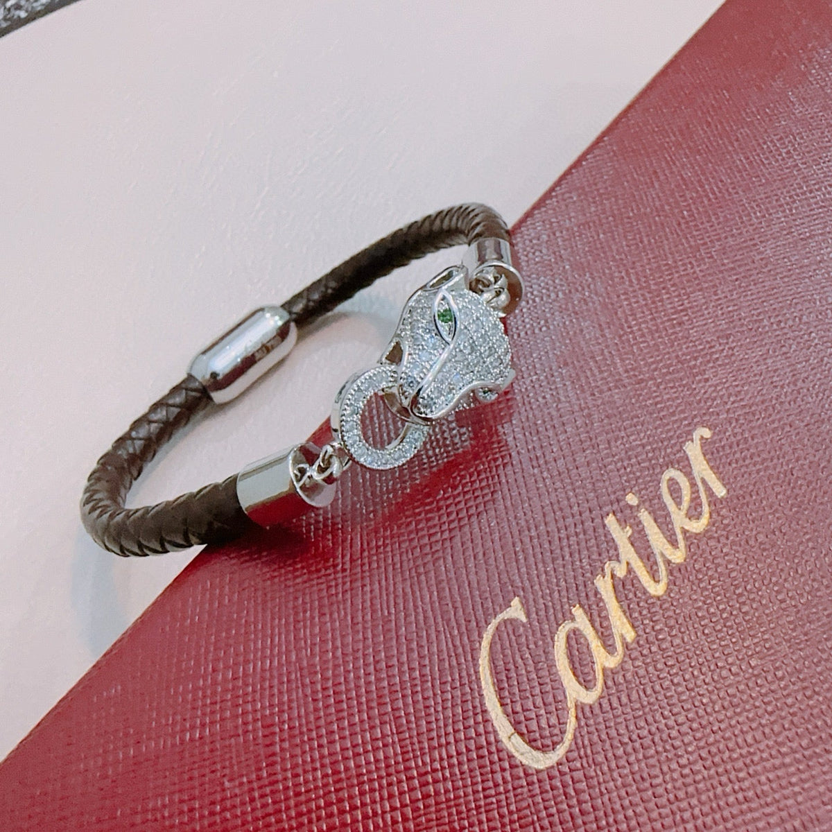 [Solara Jewelry ]CT パンサーヘッド クリスタル クラスプ 編み込みレザーブレスレット