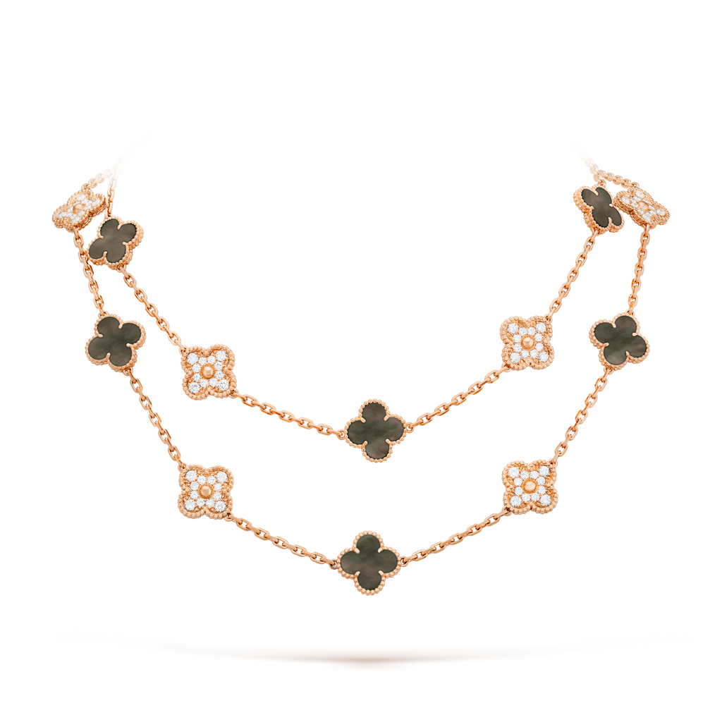 [Solara Jewelry ]KLEEBATT 20 MOTIVE DUNKELES PERLMUTT DIAMANT HALSKETTE