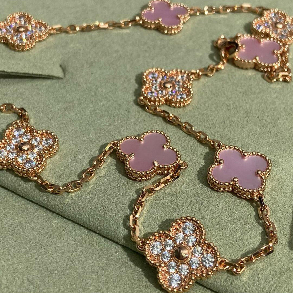 [Solara Jewelry ]クローバー 10モチーフ ダイヤモンド ピンクマザーオブパール ネックレス