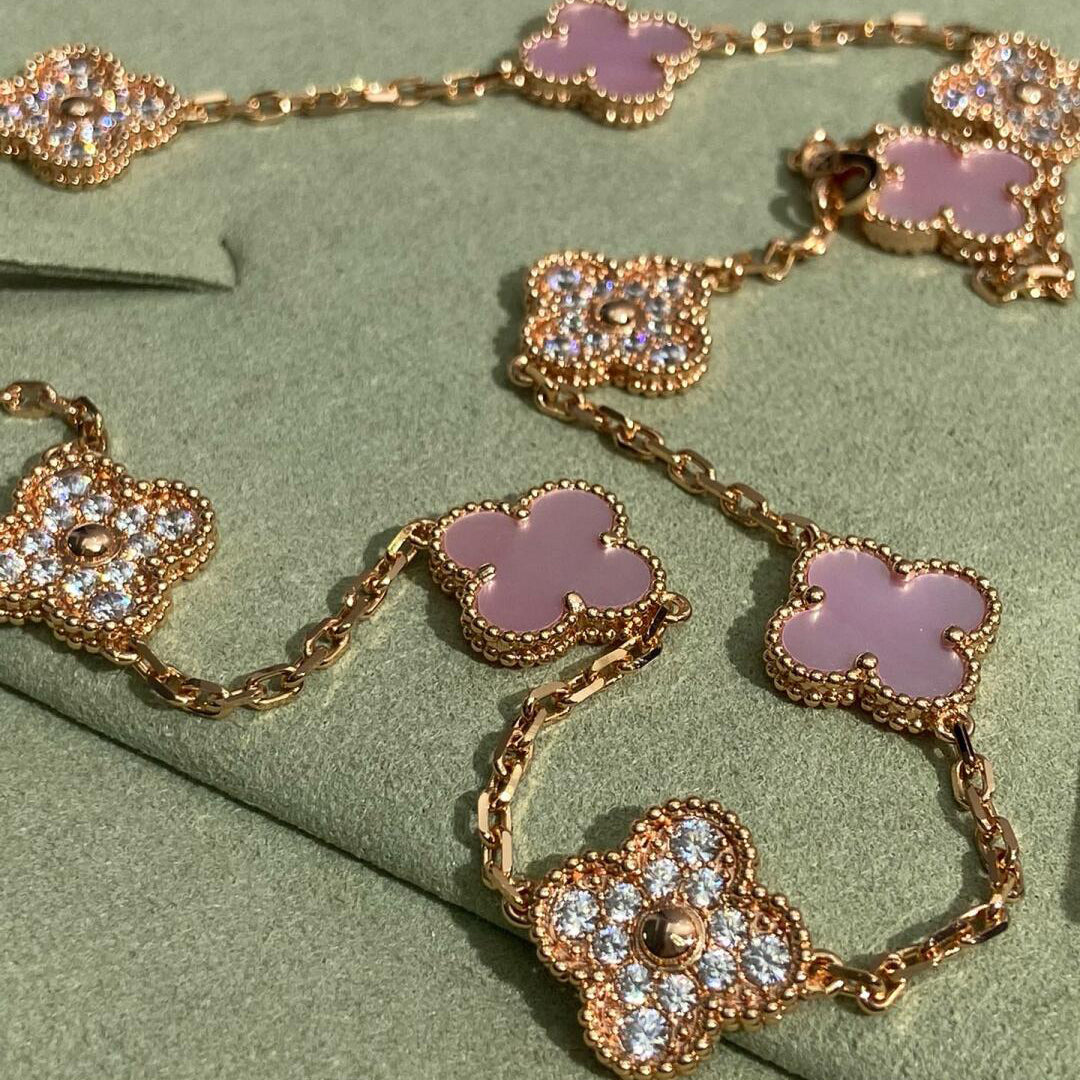 [Solara Jewelry ]CLOVER 10 MOTIFS DIAMOND PINK MOP NECKLACE