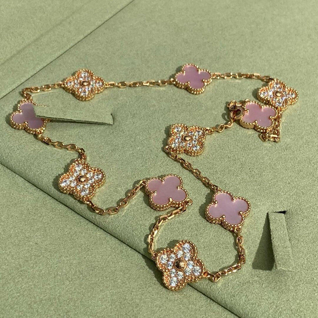 [Solara Jewelry ]クローバー 10モチーフ ダイヤモンド ピンクマザーオブパール ネックレス