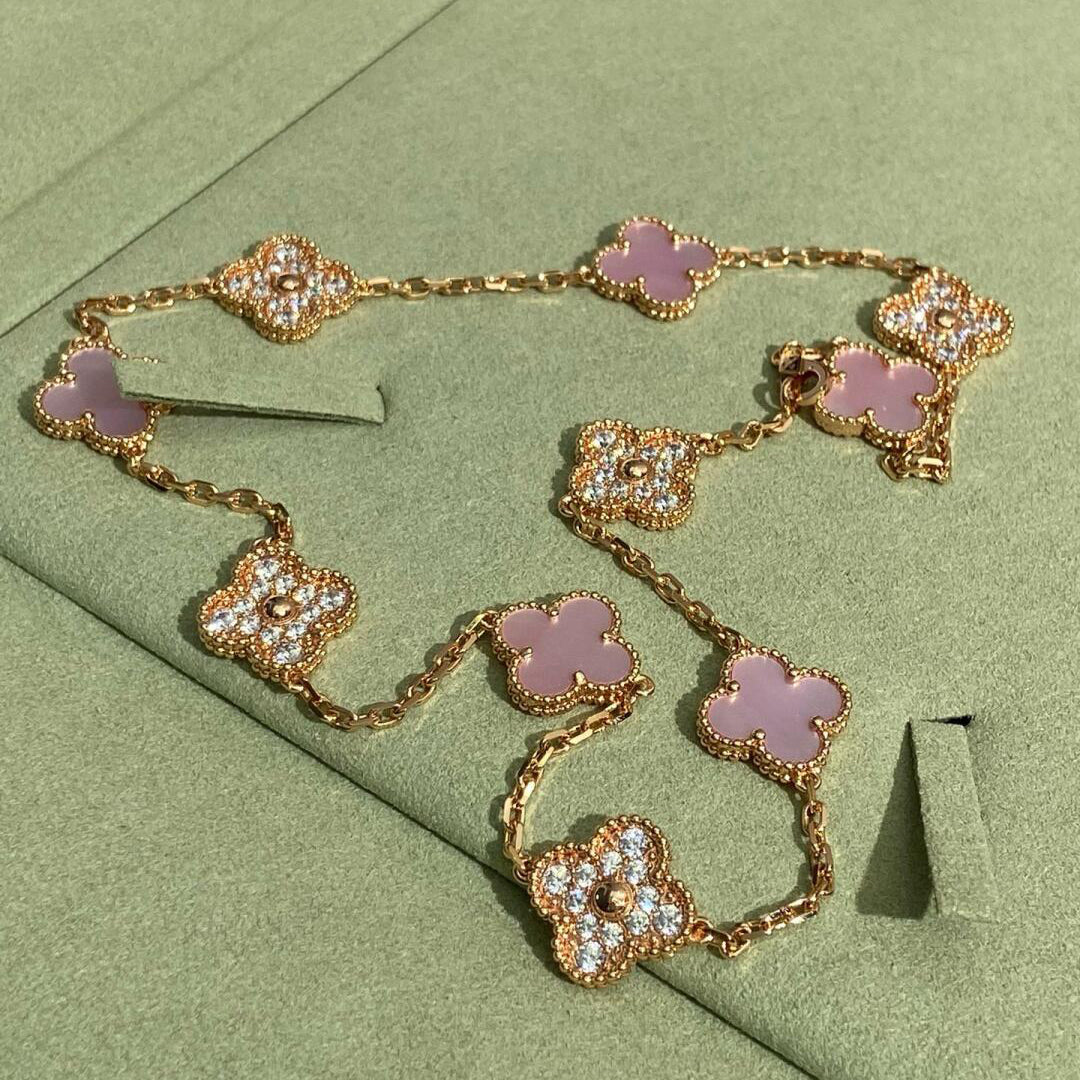 [Solara Jewelry ]クローバー 10モチーフ ダイヤモンド ピンクマザーオブパール ネックレス