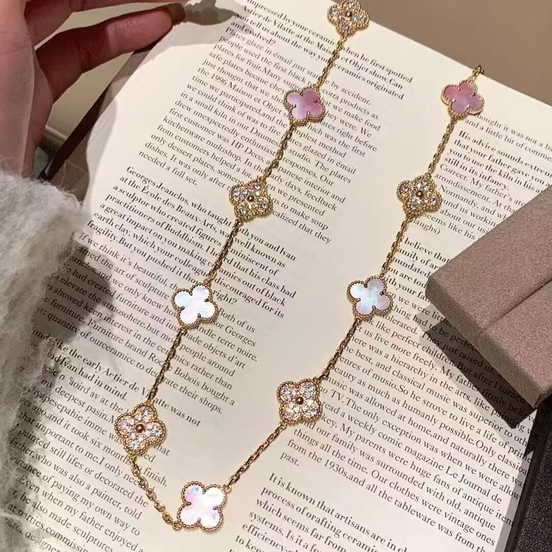 [Solara Jewelry ]クローバー 10モチーフ ダイヤモンド ピンクマザーオブパール ネックレス