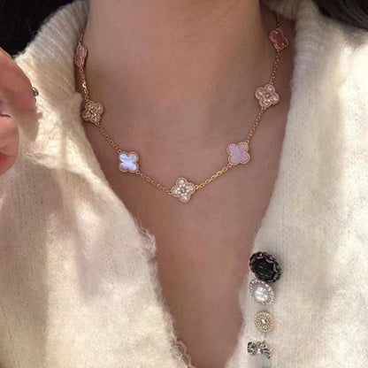 [Solara Jewelry ]クローバー 10モチーフ ダイヤモンド ピンクマザーオブパール ネックレス