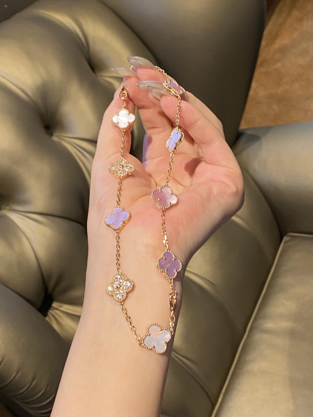 [Solara Jewelry ]クローバー 10モチーフ ダイヤモンド ピンクマザーオブパール ネックレス