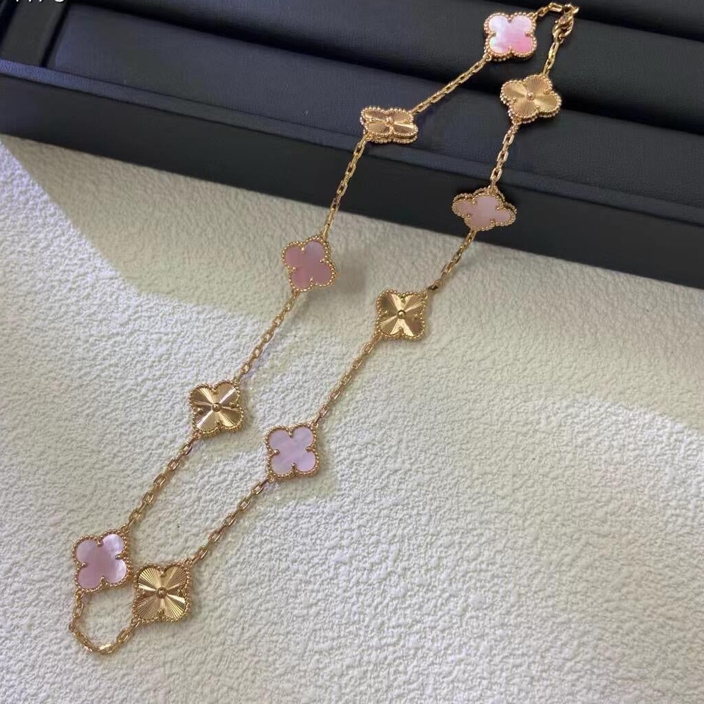 [Solara Jewelry ]CLOVER 10 MOTIFS  LASER PINK MOP NECKLACE