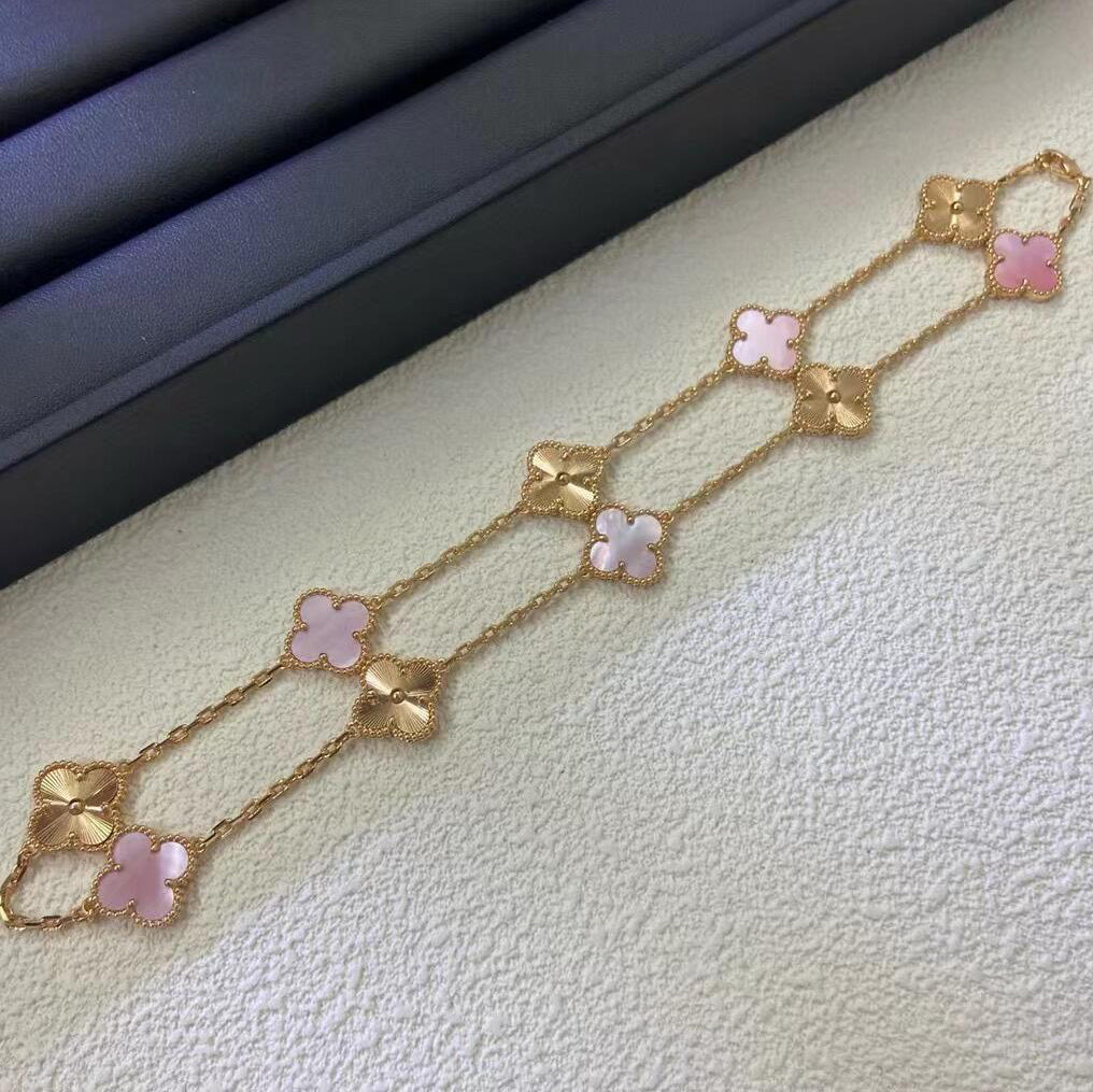 [Solara Jewelry ]CLOVER 10 MOTIFS  LASER PINK MOP NECKLACE