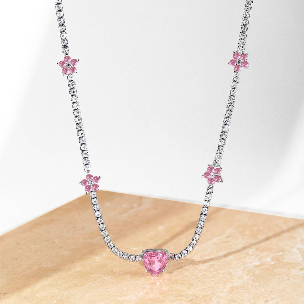 [Solara Jewelry ]煌めくピンクハートフラワーネックレス