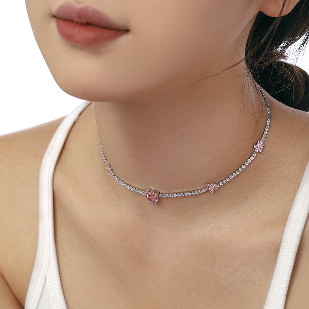 [Solara Jewelry ]煌めくピンクハートフラワーネックレス