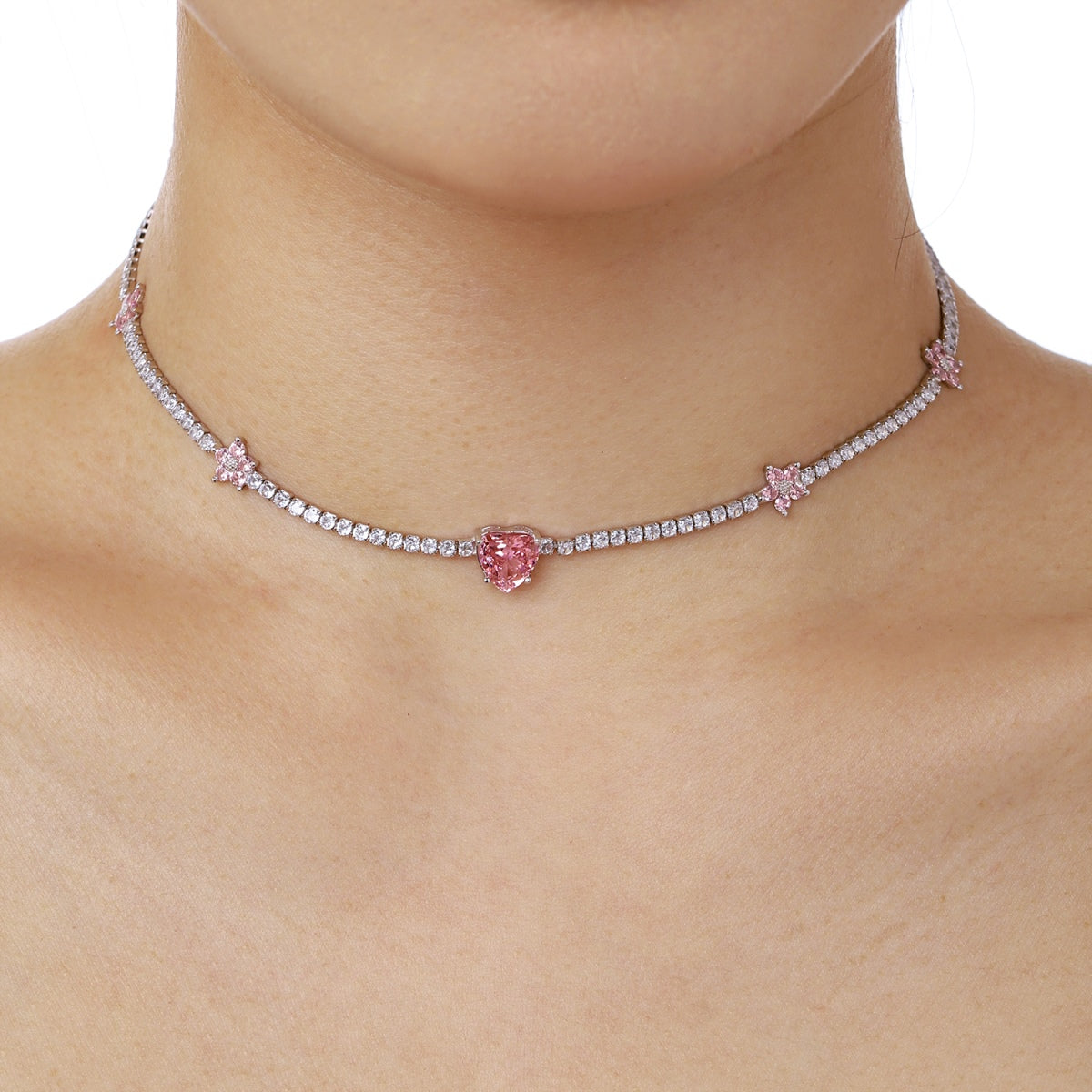 [Solara Jewelry ]煌めくピンクハートフラワーネックレス