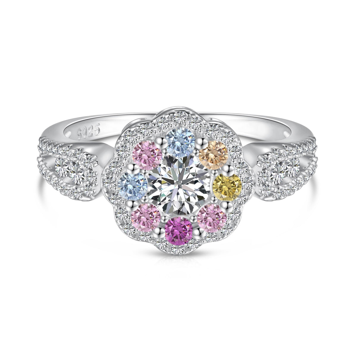[Solara Jewelry ]繊細でカラフルなラウンドカットのフラワー型ウェディングリング