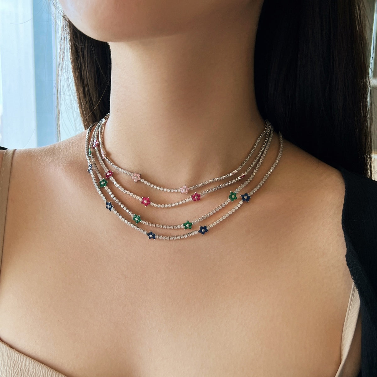 [Solara Jewelry ]Luxuriöse Bunte Blumen Tennis-Halskette