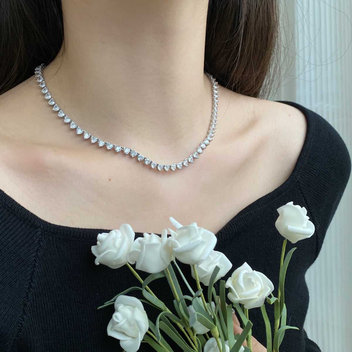 [Solara Jewelry ]Verzierte Herzausschnitt Tennis-Halskette