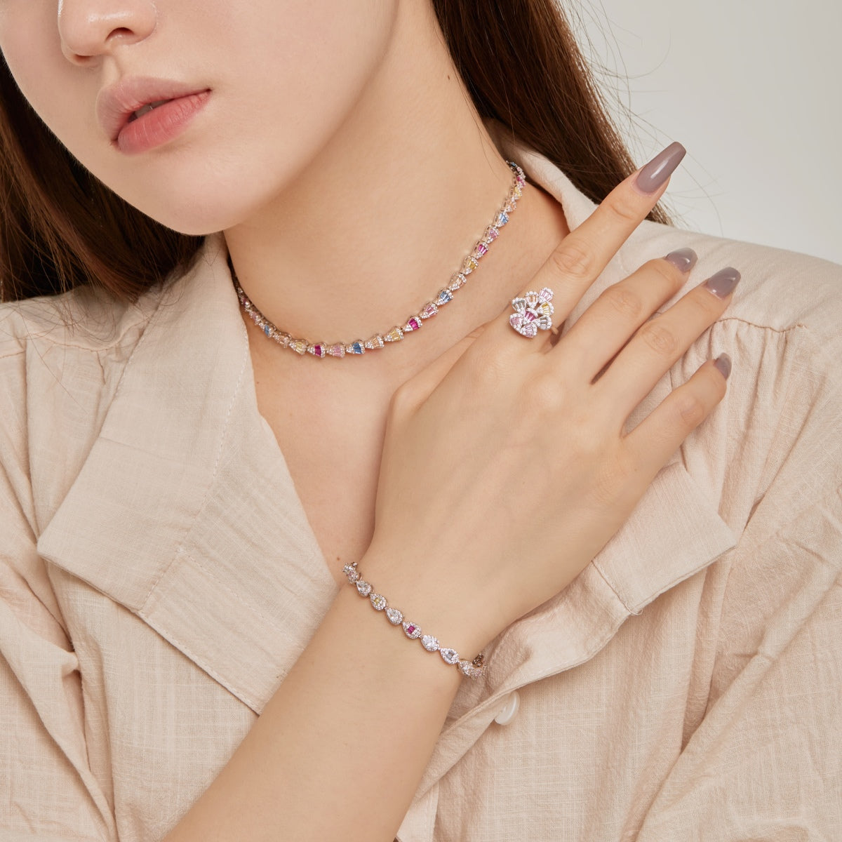 [Solara Jewelry ]Sparkling Colorful Water Drop Shape Daily Ring