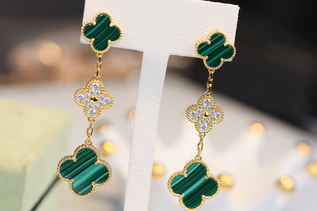 [Solara Jewelry ]CLOVER EARRINGS GOLD MALACHITE DIAMOND 3 MOTIF