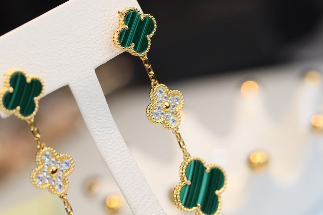 [Solara Jewelry ]CLOVER EARRINGS GOLD MALACHITE DIAMOND 3 MOTIF