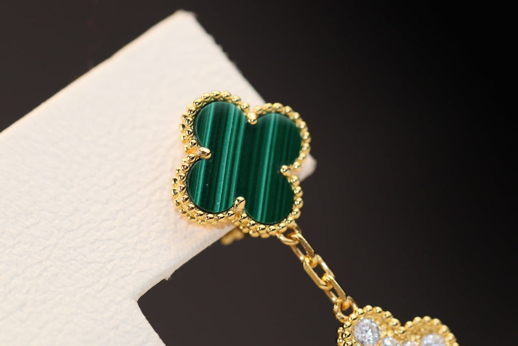 [Solara Jewelry ]クローバー イヤリング ゴールド マラカイト ダイヤモンド 3モチーフ