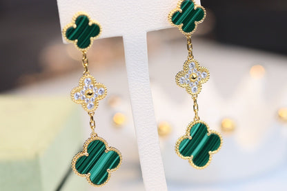 [Solara Jewelry ]CLOVER EARRINGS GOLD MALACHITE DIAMOND 3 MOTIF