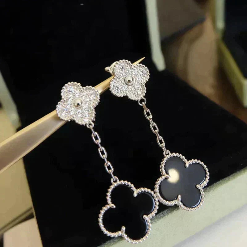 [Solara Jewelry ]クローバー 2モチーフ ダイヤモンド オニキス イヤリング シルバー