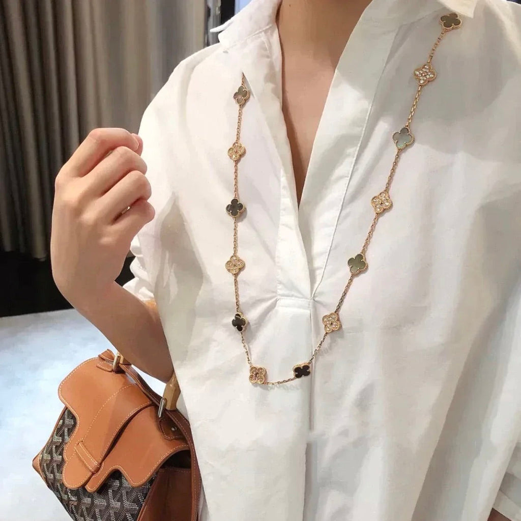[Solara Jewelry ]KLEEBATT 20 MOTIVE DUNKELES PERLMUTT DIAMANT HALSKETTE