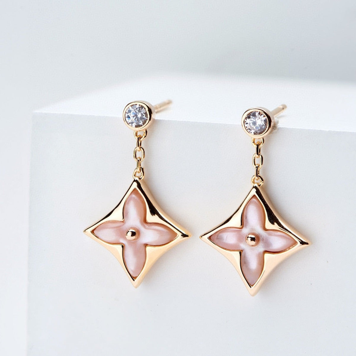 [Solara Jewelry ]DOPPELSTERNE PINK GOLD MOP TROPFENOHRRINGE