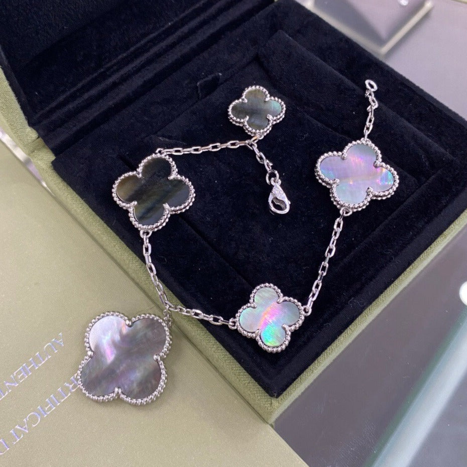 [Solara Jewelry ]CLOVER 5 MOTIFS SIVLER DARK MOP BRACELET