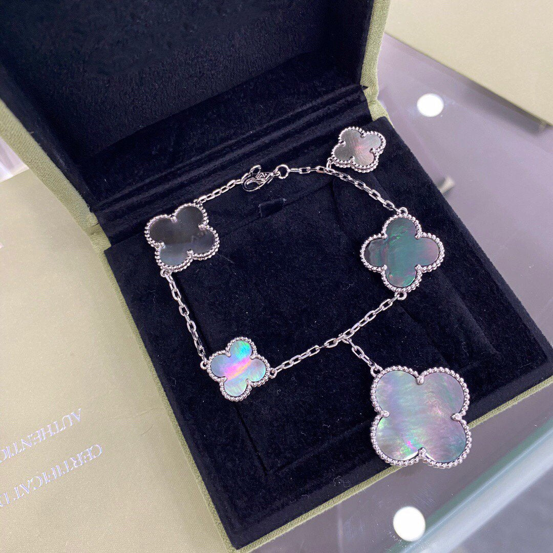 [Solara Jewelry ]CLOVER 5 MOTIFS SIVLER DARK MOP BRACELET