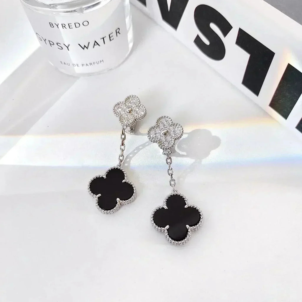 [Solara Jewelry ]クローバー 2モチーフ ダイヤモンド オニキス イヤリング シルバー
