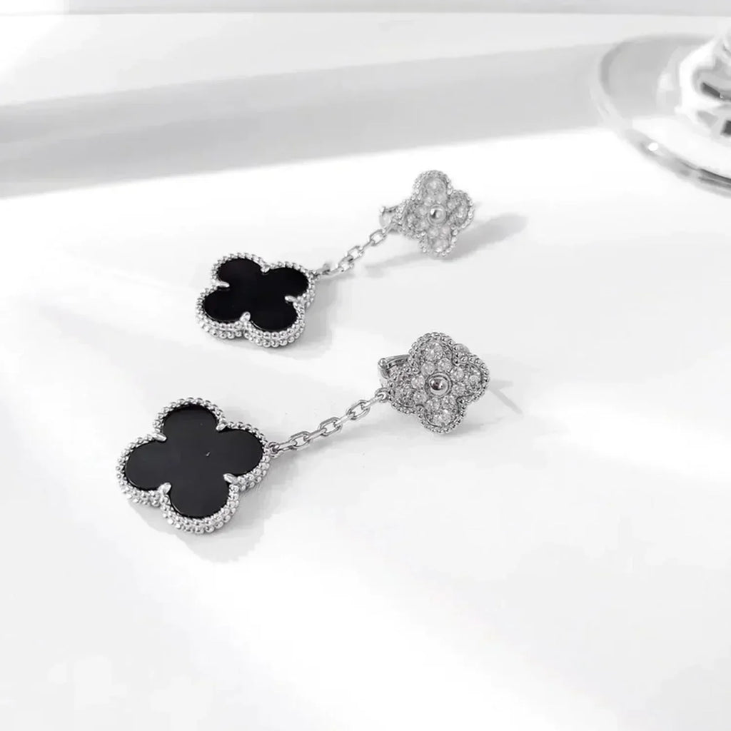 [Solara Jewelry ]クローバー 2モチーフ ダイヤモンド オニキス イヤリング シルバー