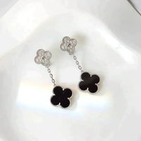 [Solara Jewelry ]CLOVER 2 MOTIFS  DIAMOND ONYX EARRINGS SILVER