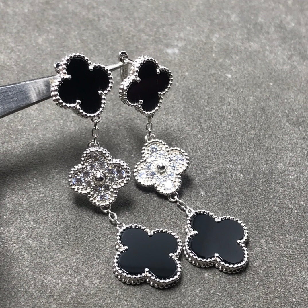 [Solara Jewelry ]CLOVER 3 MOTIF DIAMOND ONYX SILVER EARRINGS