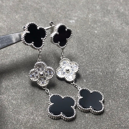 [Solara Jewelry ]CLOVER 3 MOTIF DIAMOND ONYX SILVER EARRINGS