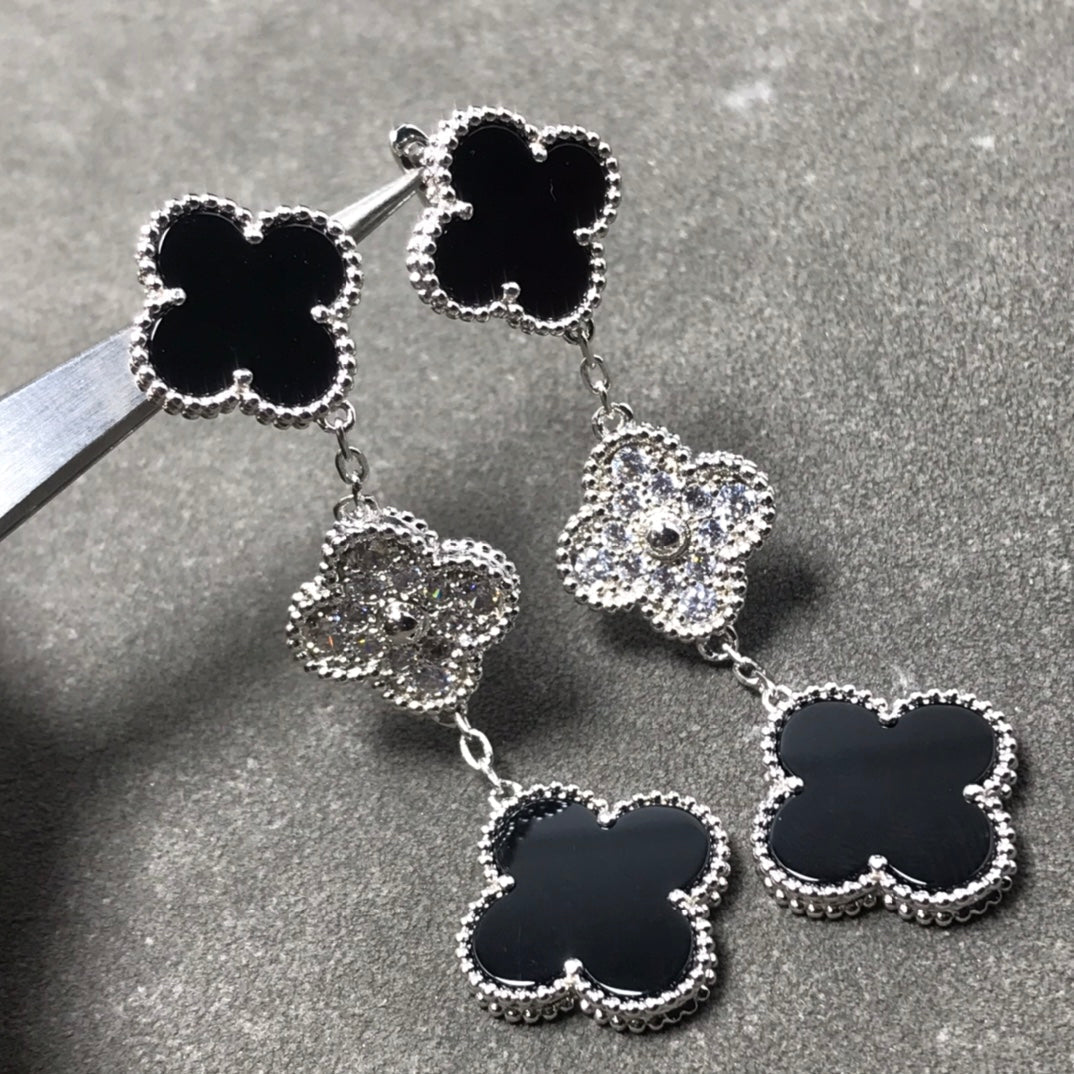 [Solara Jewelry ]CLOVER 3 MOTIF DIAMOND ONYX SILVER EARRINGS