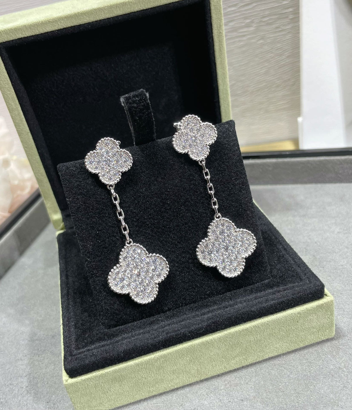 [Solara Jewelry ]CLOVER 2 MOTIFS DIAMOND PAVED SILVER EARRINGS