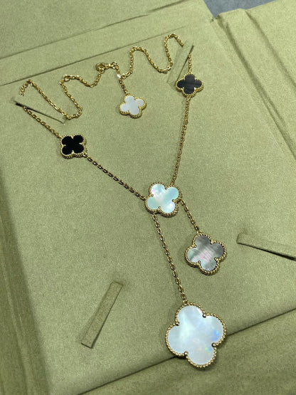 [Solara Jewelry ]クローバー6モチーフ マザーオブパール オニキス ゴールド ネックレス