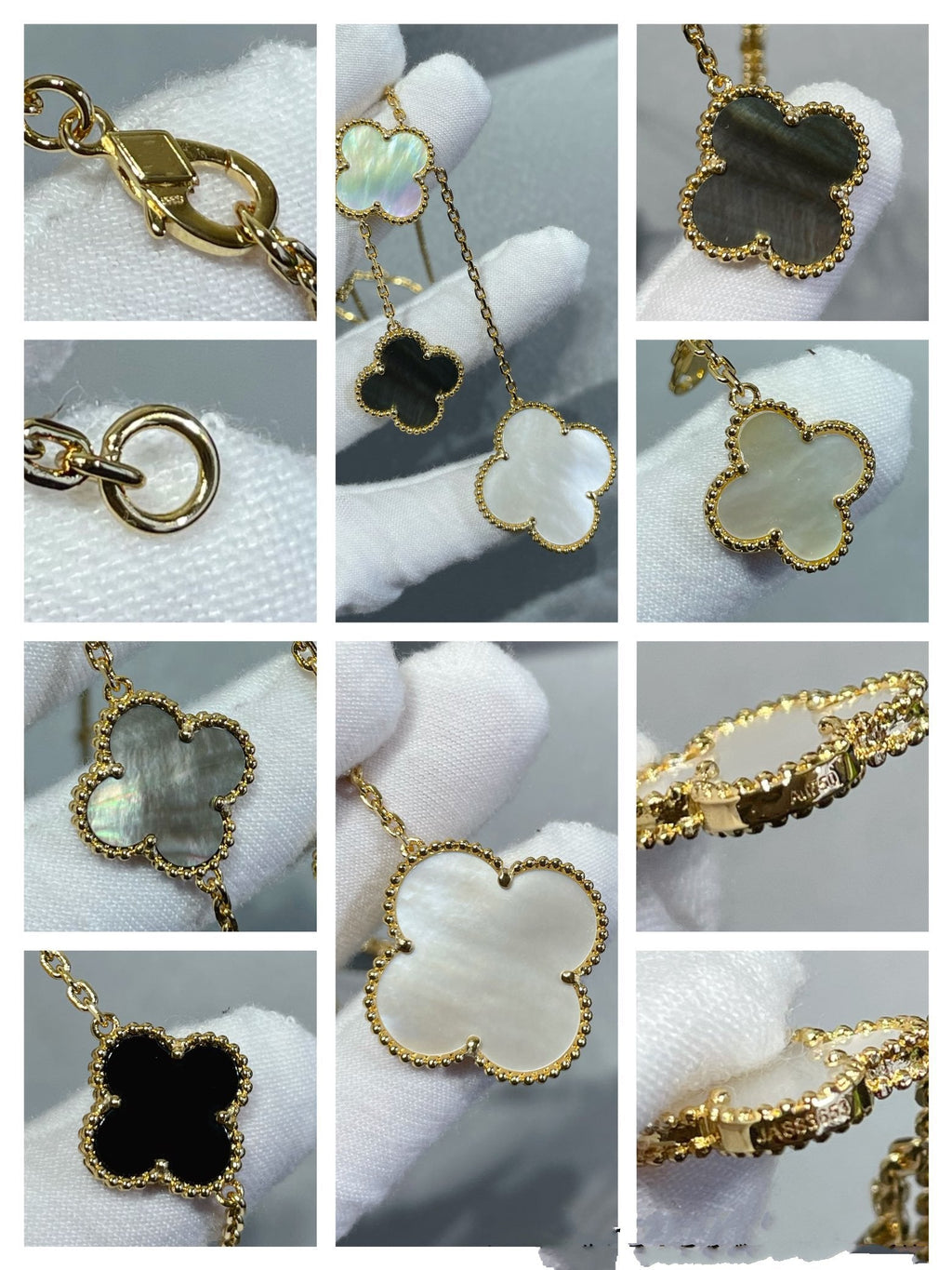 [Solara Jewelry ]クローバー6モチーフ マザーオブパール オニキス ゴールド ネックレス