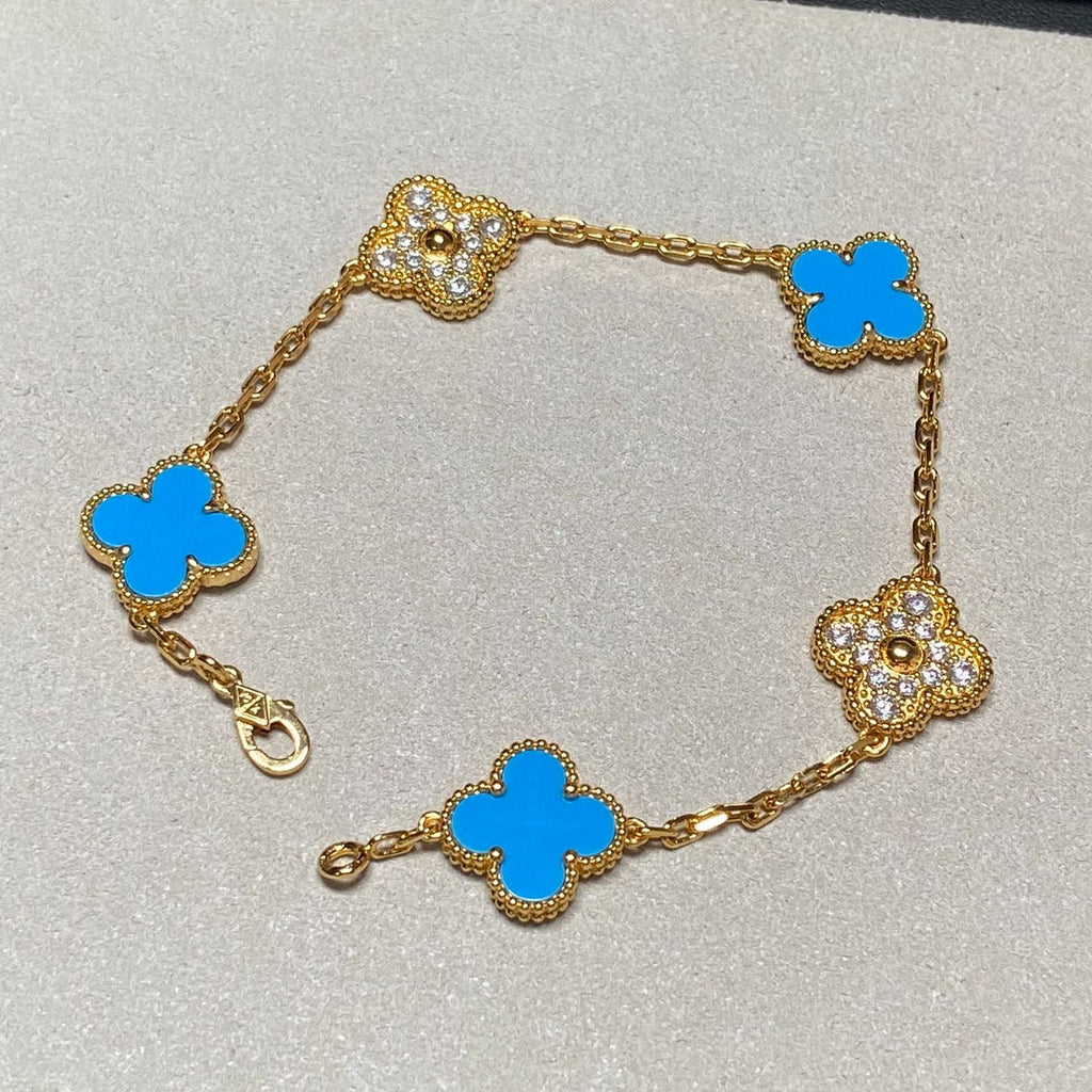 [Solara Jewelry ]クローバー 5モチーフ ブルーカルセドニー ダイヤモンド ゴールドブレスレット