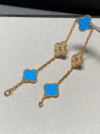 [Solara Jewelry ]クローバー 5モチーフ ブルーカルセドニー ダイヤモンド ゴールドブレスレット