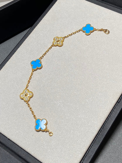 [Solara Jewelry ]クローバー 5モチーフ ブルーカルセドニー ダイヤモンド ゴールドブレスレット