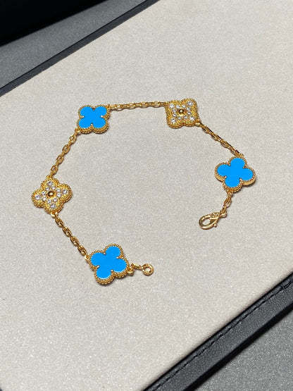 [Solara Jewelry ]クローバー 5モチーフ ブルーカルセドニー ダイヤモンド ゴールドブレスレット