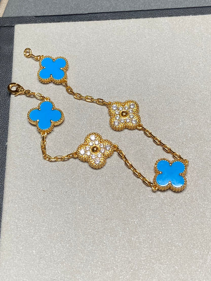 [Solara Jewelry ]クローバー 5モチーフ ブルーカルセドニー ダイヤモンド ゴールドブレスレット
