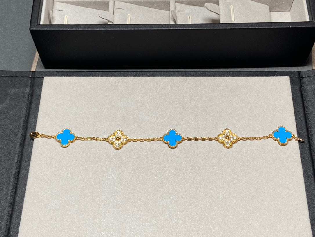[Solara Jewelry ]クローバー 5モチーフ ブルーカルセドニー ダイヤモンド ゴールドブレスレット