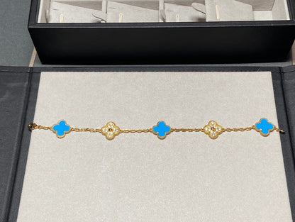 [Solara Jewelry ]クローバー 5モチーフ ブルーカルセドニー ダイヤモンド ゴールドブレスレット