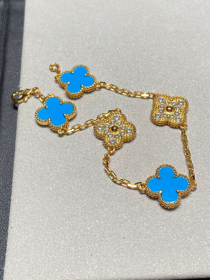 [Solara Jewelry ]クローバー 5モチーフ ブルーカルセドニー ダイヤモンド ゴールドブレスレット