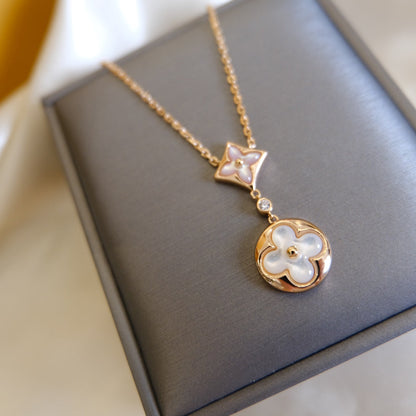 [Solara Jewelry ]STAR AND SUN WHITE MOP 2 MOTIF PINK GOLD NECKLACE