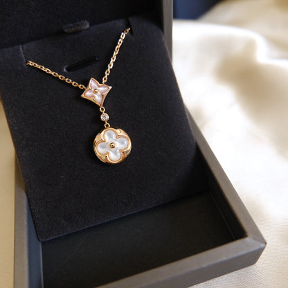 [Solara Jewelry ]STAR AND SUN WHITE MOP 2 MOTIF PINK GOLD NECKLACE