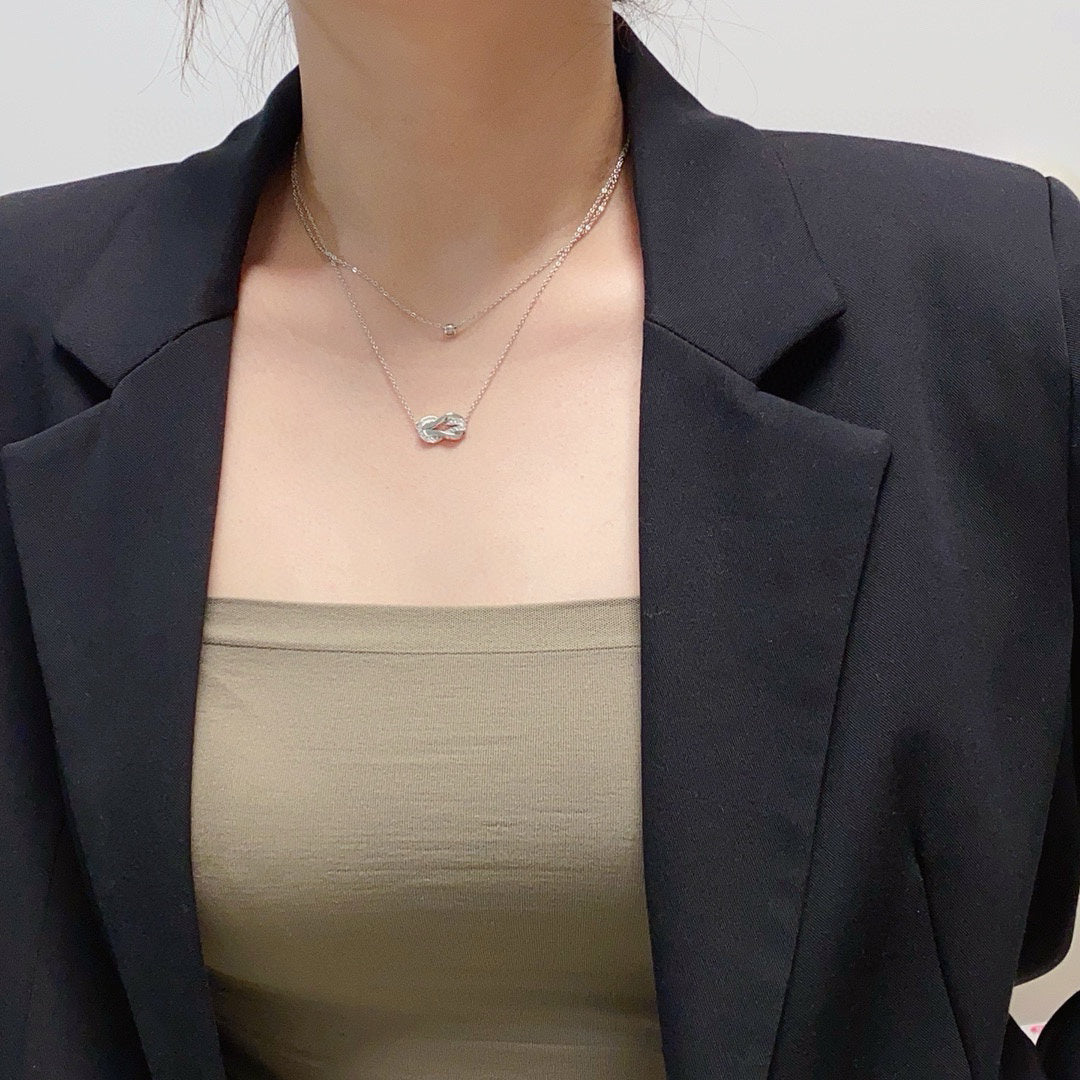 [Solara Jewelry ]FORCE Double-Layer Infinity & Mini Horsebit Layering Necklace, Semi-Pavé